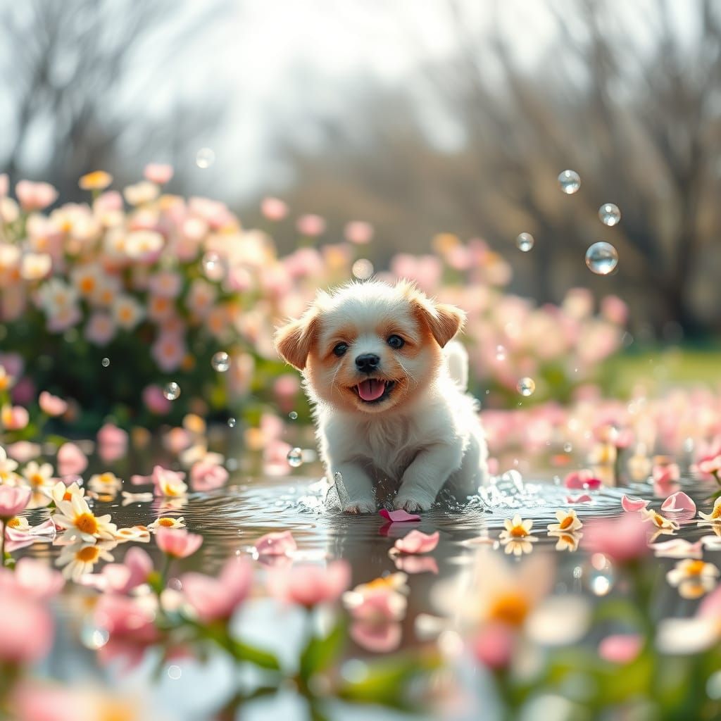 Whimsical Puppy Plays in Springtime Flower Field