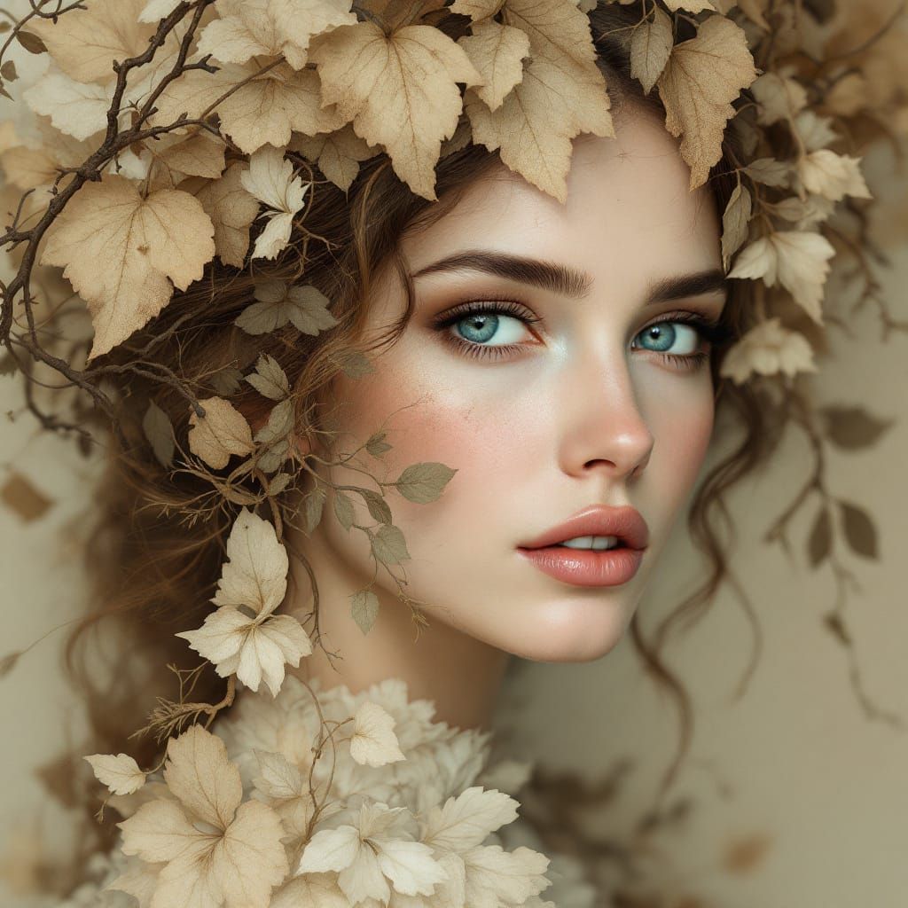 Surreal Botanical Portrait of a Woman with Ethereal Flow