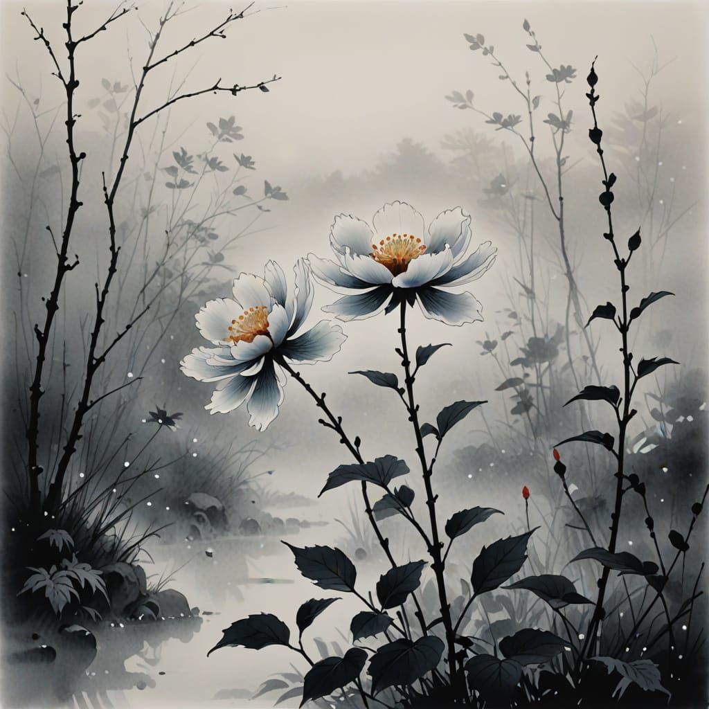 Blooming Flower in Winter Fog: Japanese Ink Painting