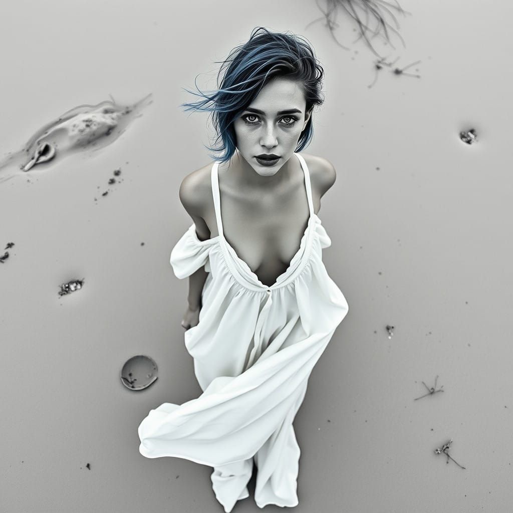 Serene Young Woman in Monochromatic Beach Scene