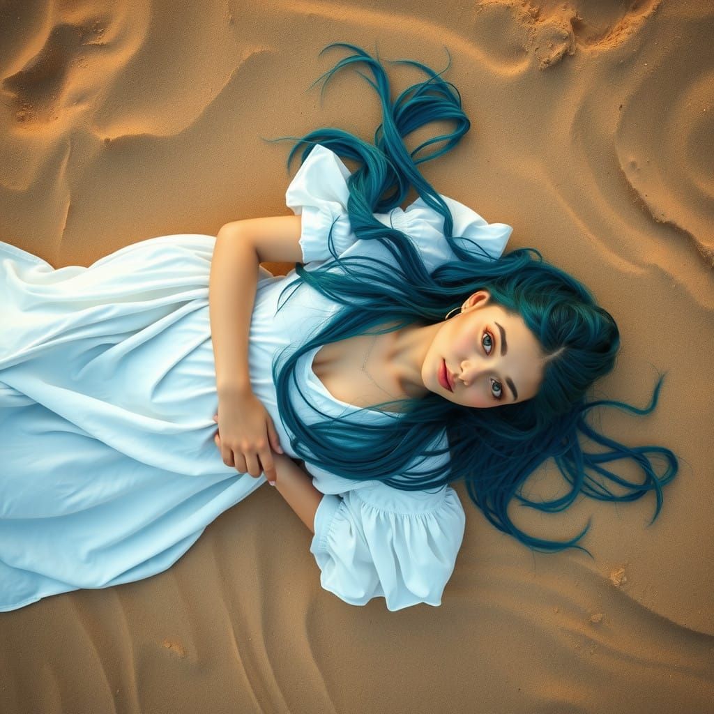 Young Woman in Vibrant Blue Hair Poses on Sandy Beach