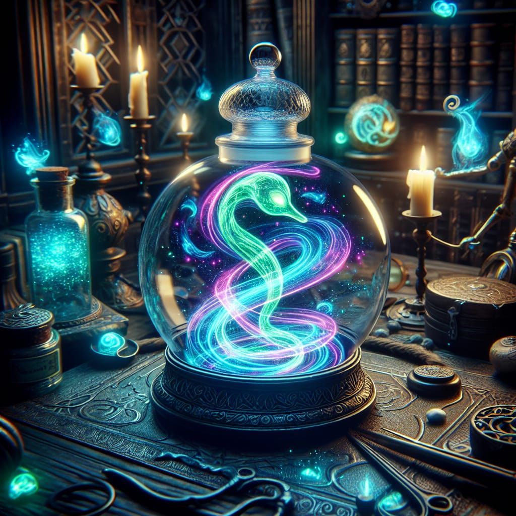 Neon Djinn Trapped in Glass Jar