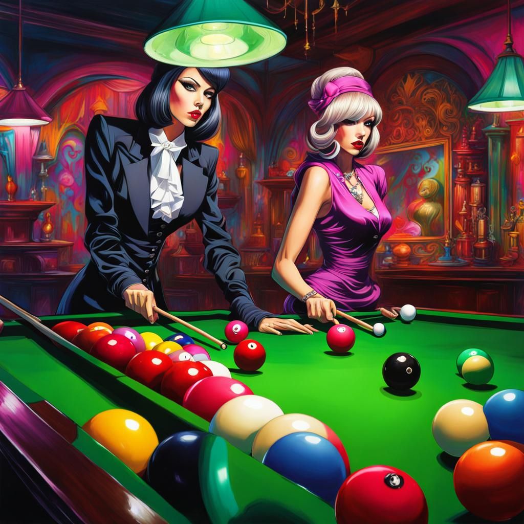 Crossdresser Playing Snooker in Colorful Graffiti Art Style
