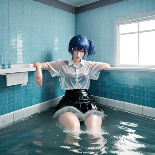 Anime Girl in Flooded Bathroom, Digital Art
