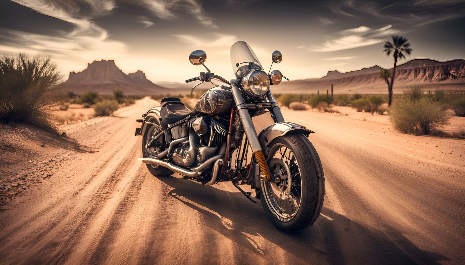 Motorcycle on Desert Road in Hyperrealistic Style