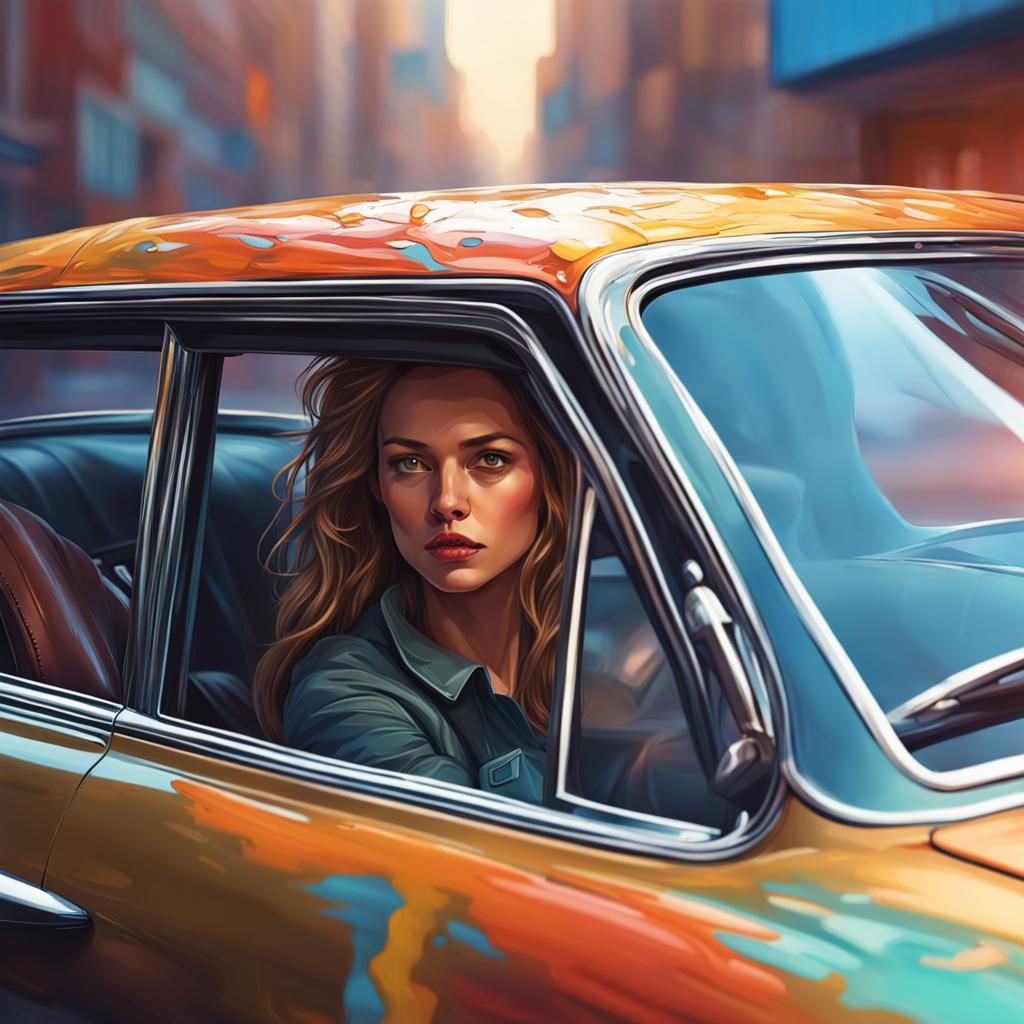 Elegant Woman Drives a Car in Splash Art Style