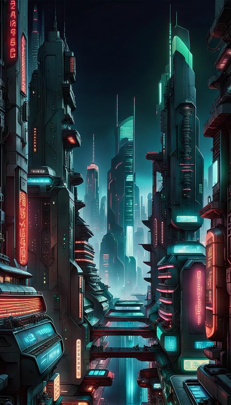 Cyberpunk Cityscape at Night in Dark Greens and Reds