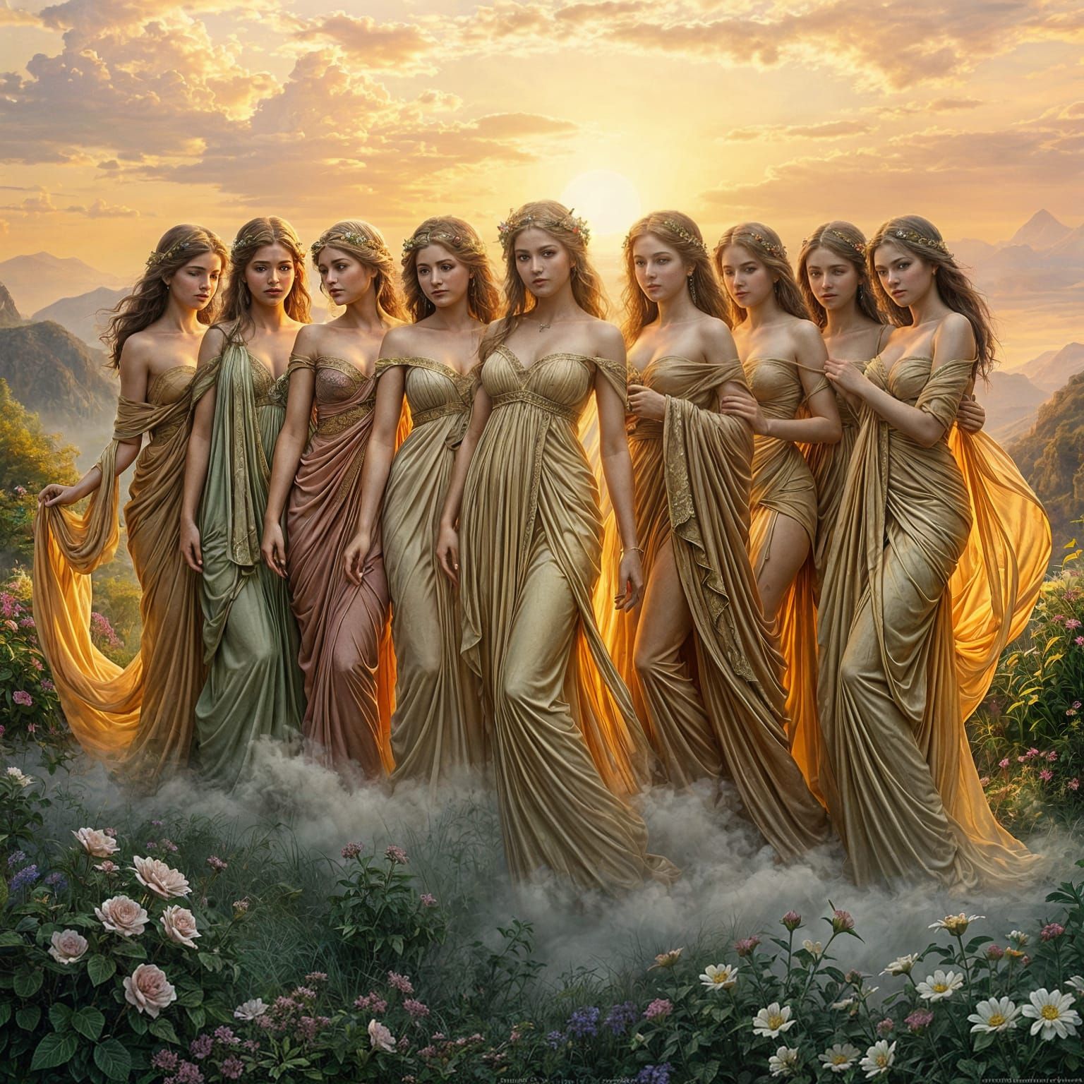 Ethereal Muses in a Misty Fantasy Landscape