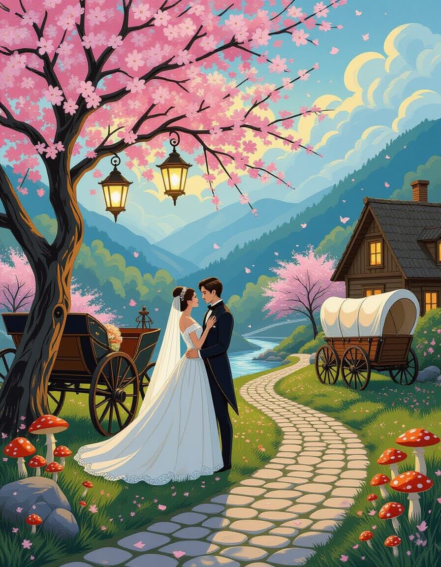 Couple Under Lanterns in Van Gogh Style