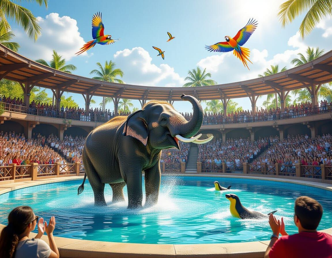 Elephant Show with Parrots and Sea Lions in Realistic Fantas...