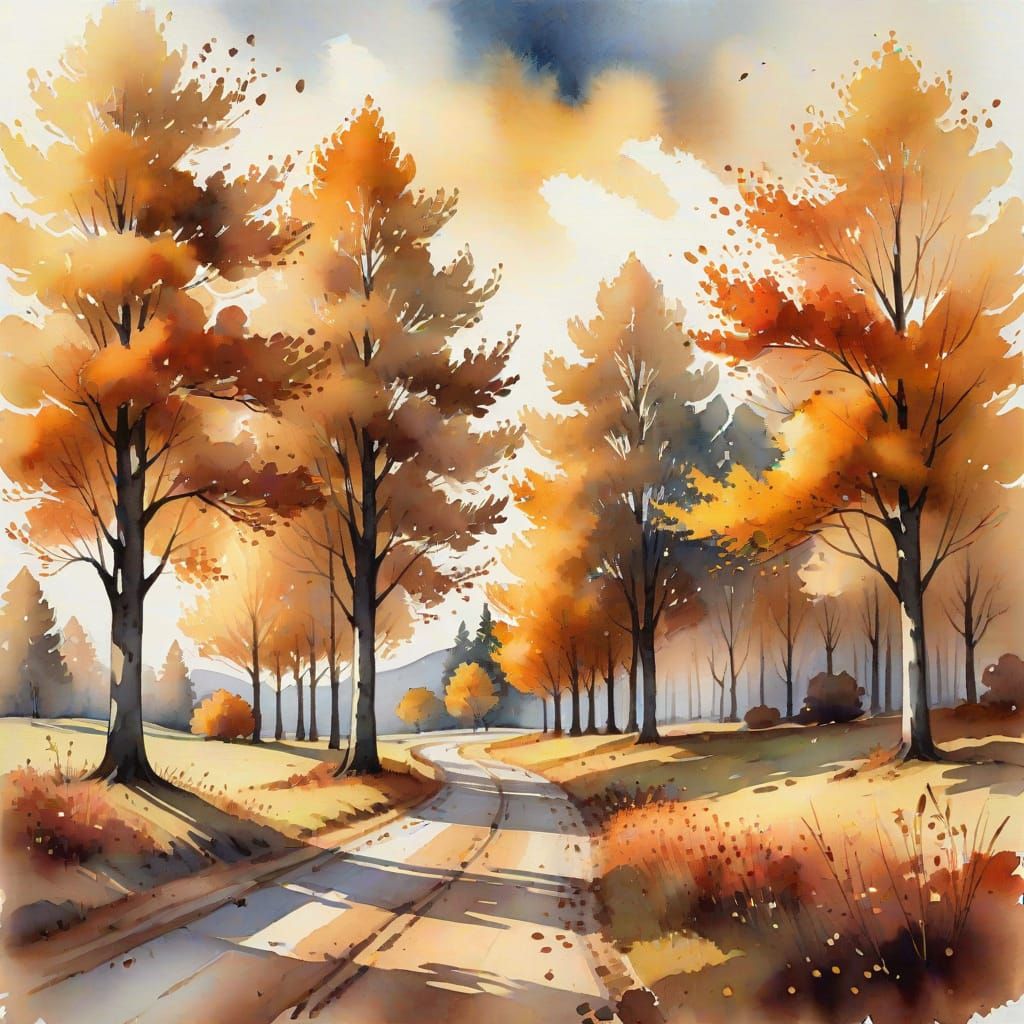 Scenic Autumn Landscape in Watercolor Style