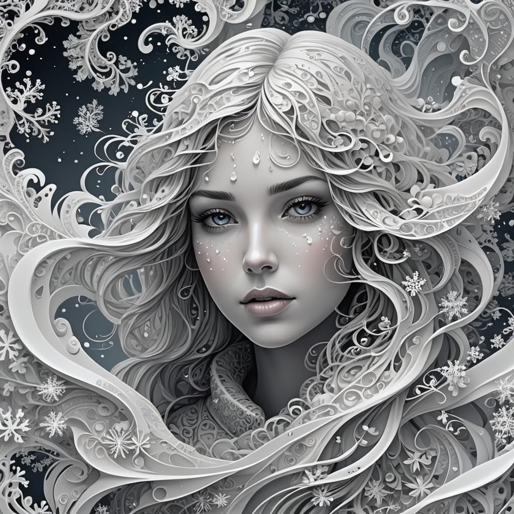 Girl in Snowy Abstract Fractal Landscape