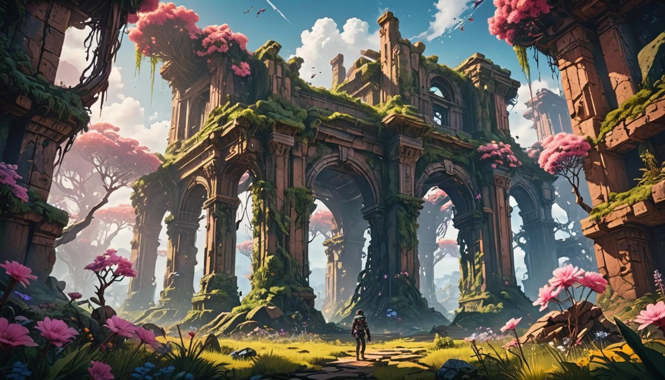 Futuristic Ruins: Cosmic Landscape with Giant Flowers