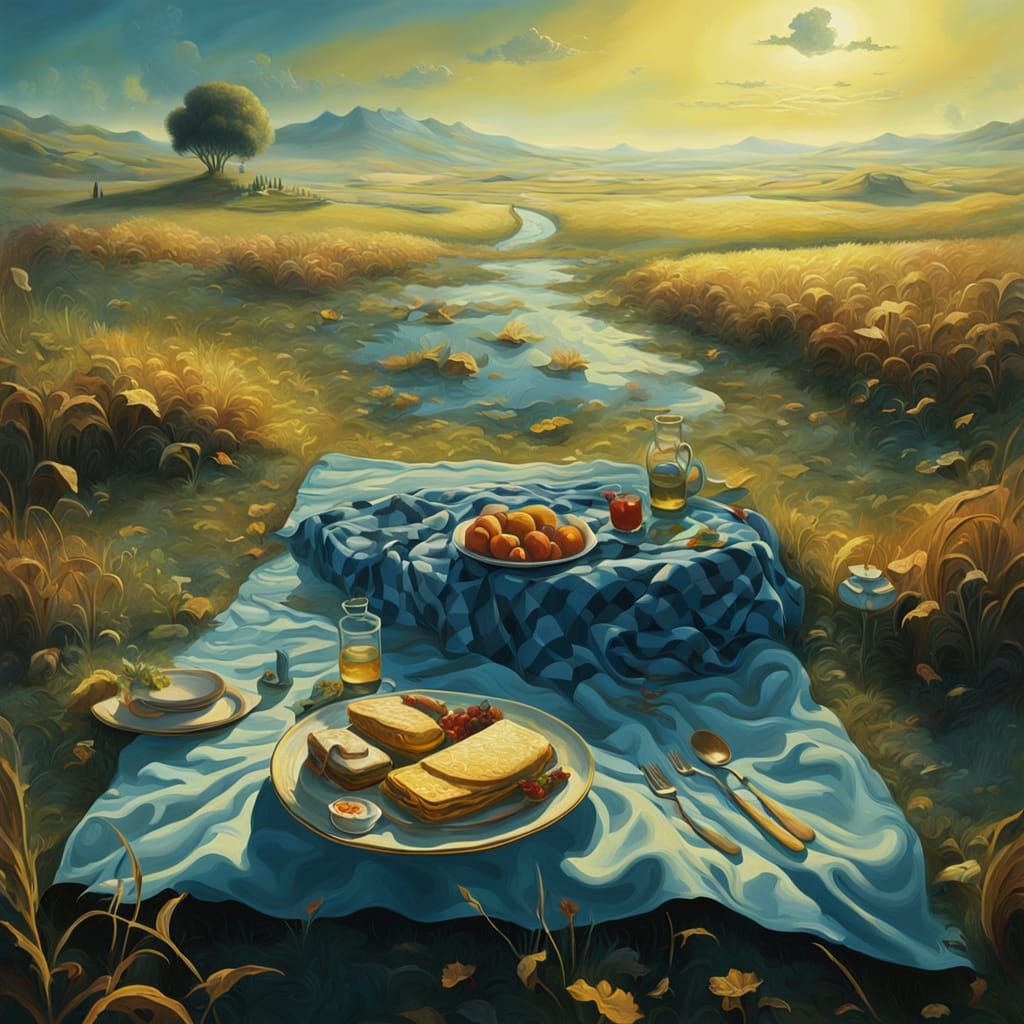 Surrealist Picnic Blanket in a Dreamlike Field