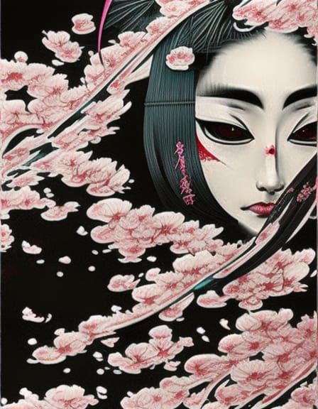 Elegant Geisha with Cherry Blossoms in Ink Flow
