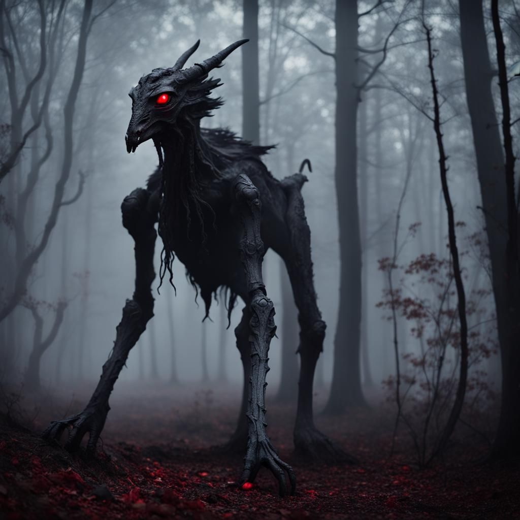 Lovecraftian Thestral Creature in Foggy Forest