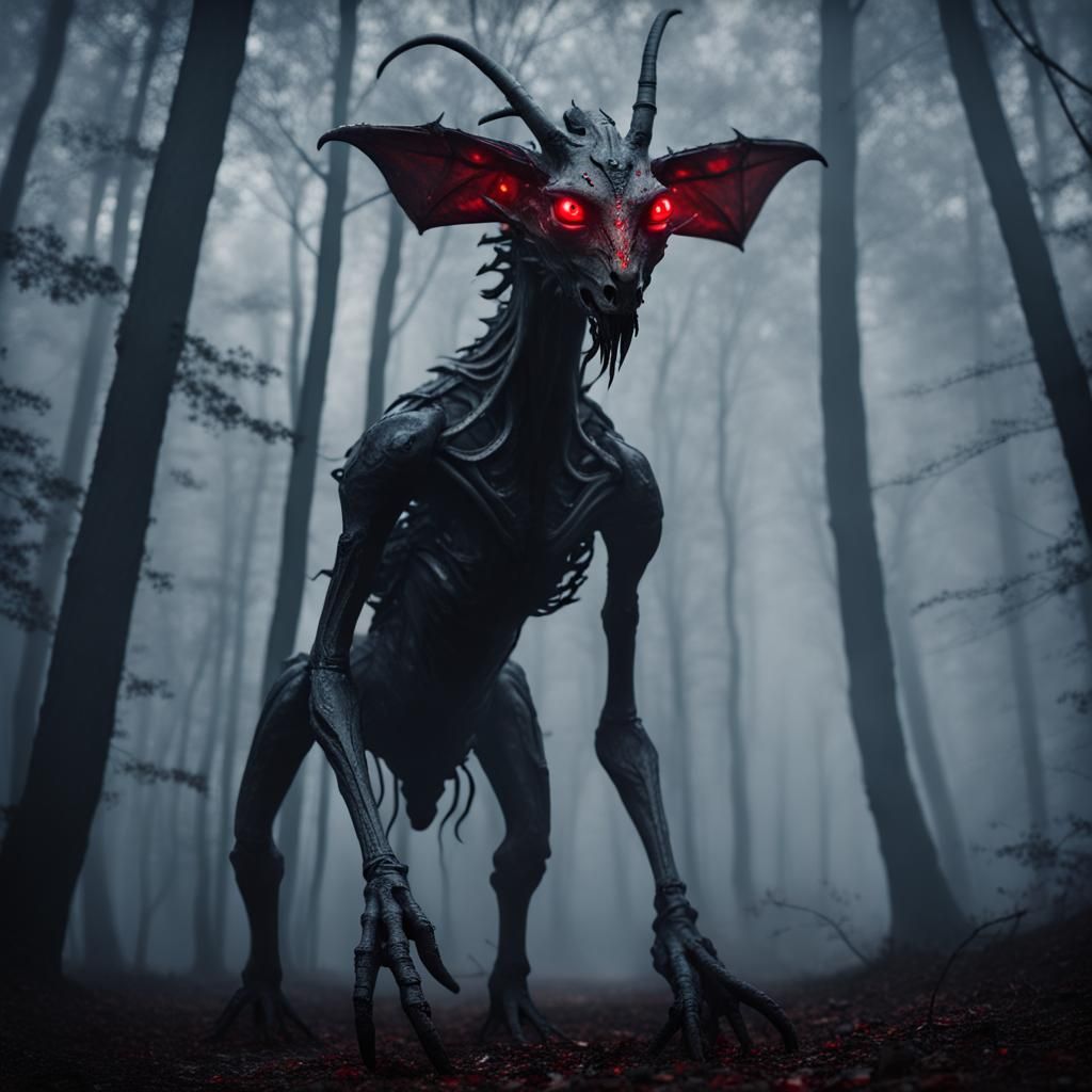Eldritch Thestral Creature in Foggy Forest