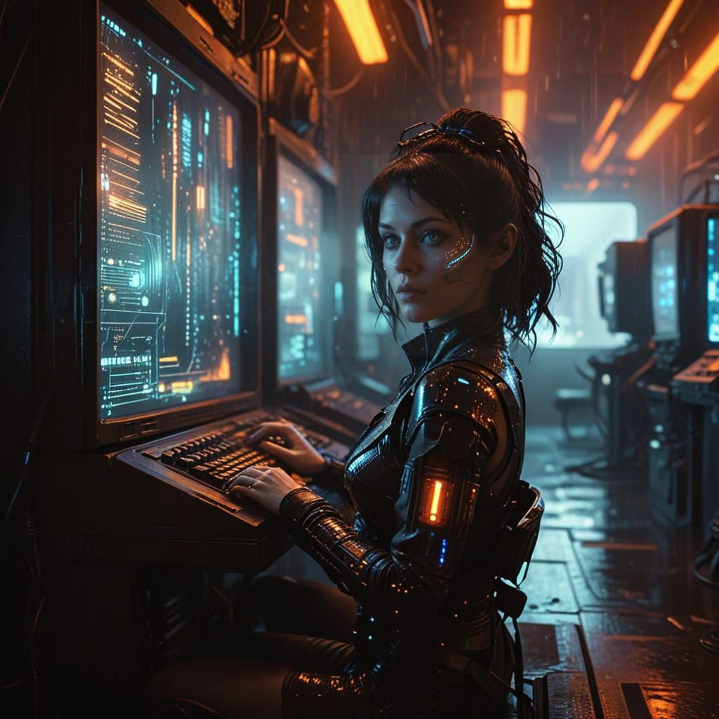 Cyberpunk Cyborg Hacker in Retro-Futuristic Scene