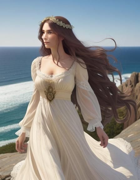 Breton Woman on Windswept Cliff, in Art Nouveau Style