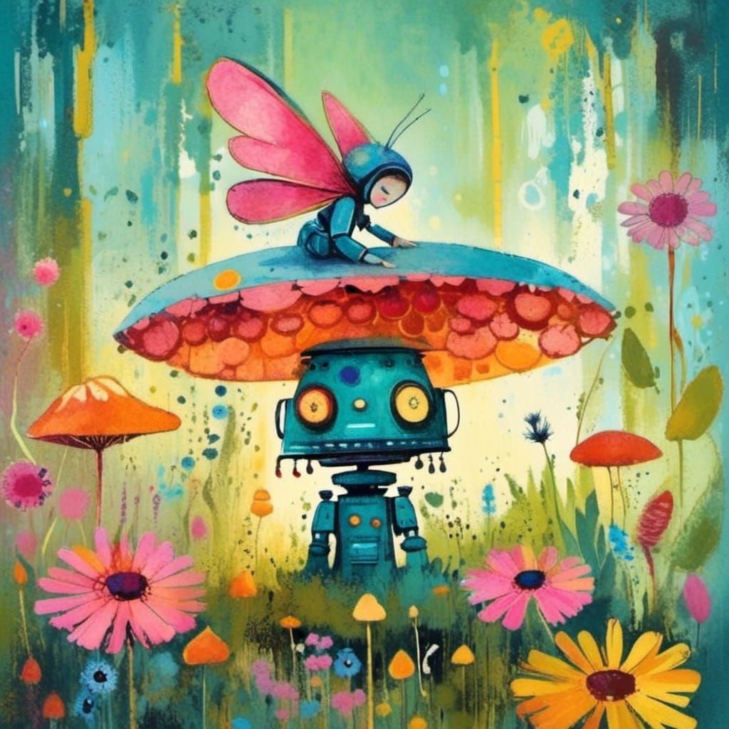 Robot Fairy in a Flower Garden: Watercolor Splash Art