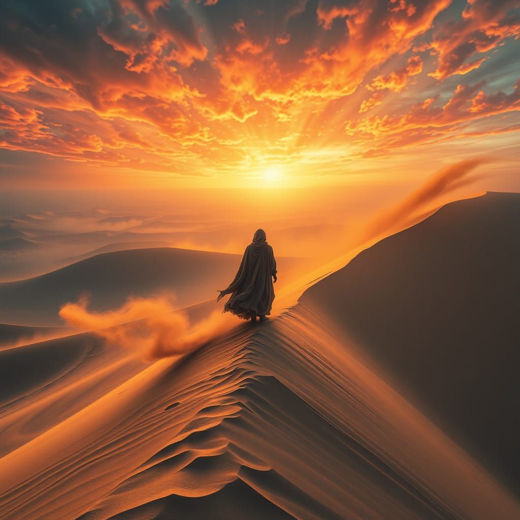 Ethereal Figure Surrounded by Arid Dune Sea