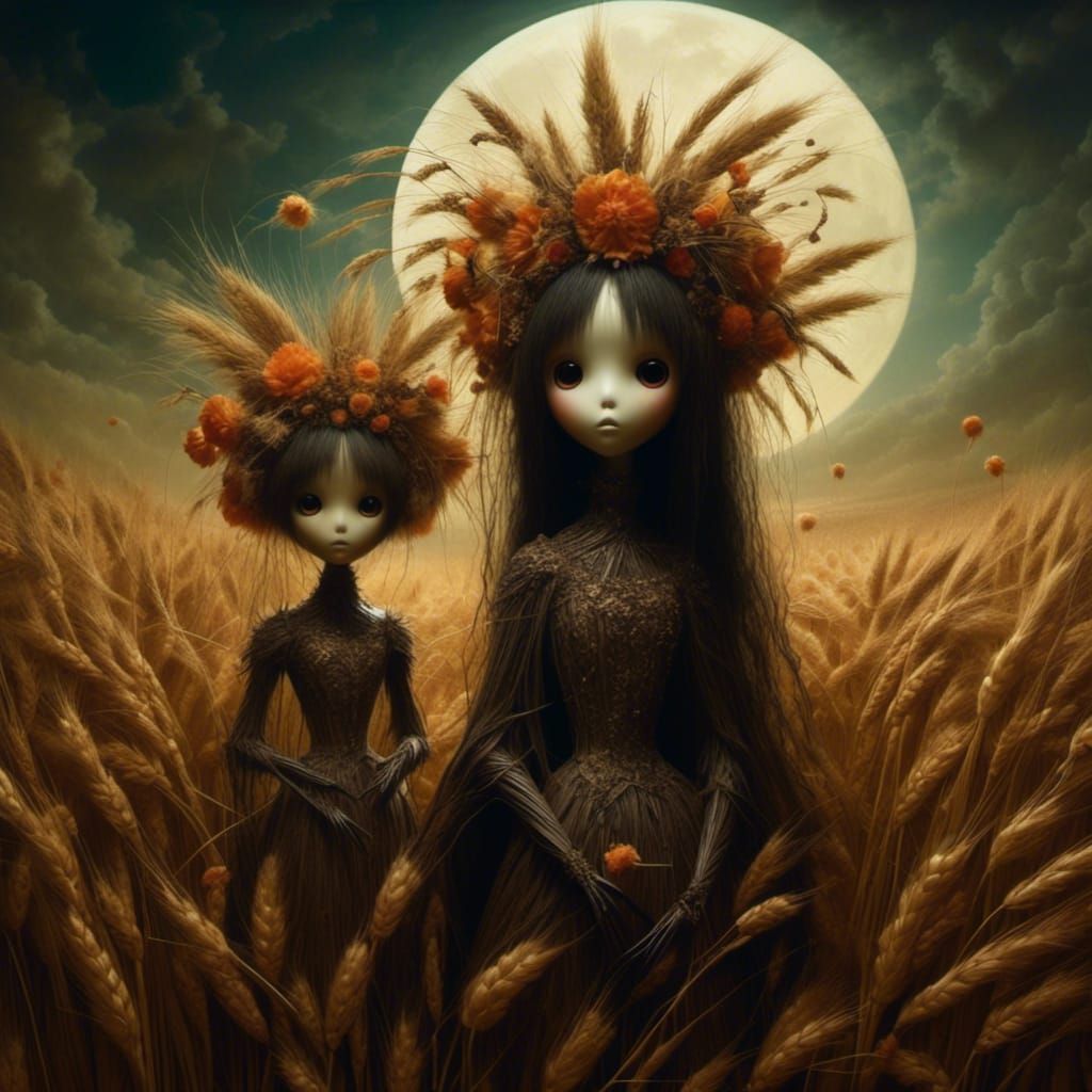 Surreal May Queen in Barley Field Under Moonlight