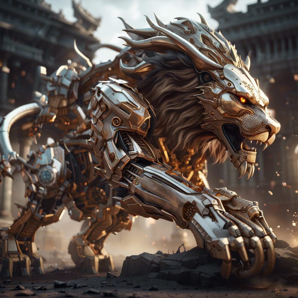 Lion vs. Three-Headed Dragon in Sci-Fi Style