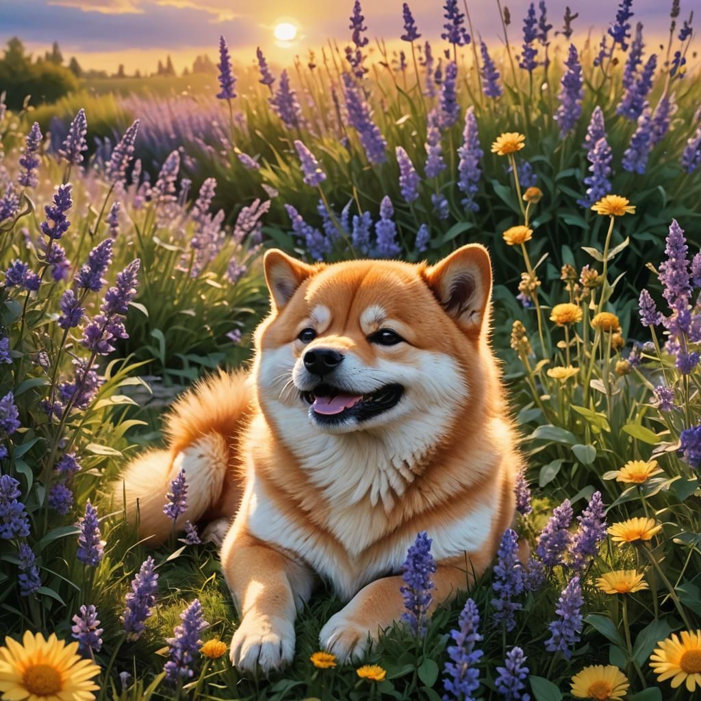 Happy Shiba Inu in Lavender Meadow, Digital Painting