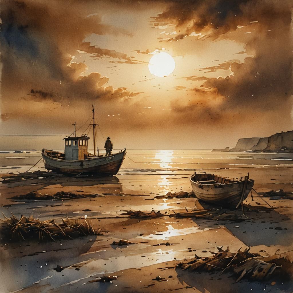 Nostalgic Watercolor of Fisherman with Boat