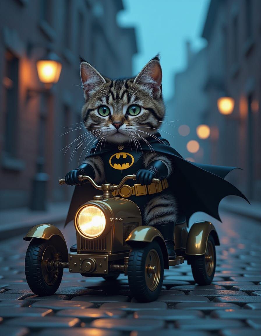 Cat as Batman Rides Brass Monocle Vehicle at Dusk