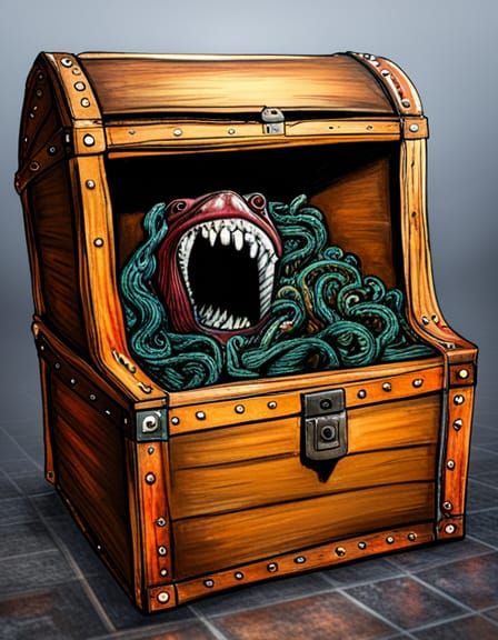 Hyperrealistic Mimic Monster in Dungeon Treasure Chest