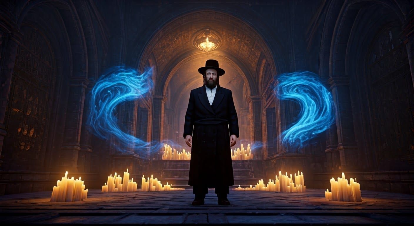 Devout Chasidic Rabbi in Mystical Havdalah Scene