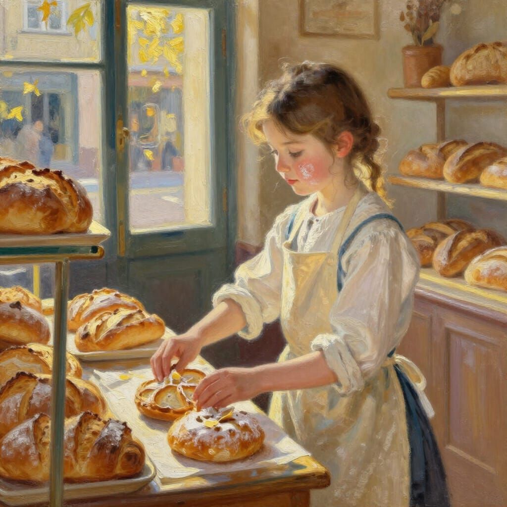 Girl in Bakery Arranging Pastries as Impressionistic Oil Pai...