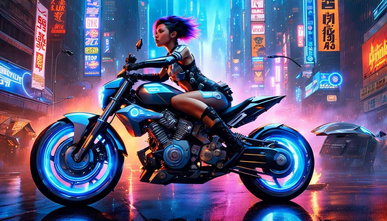 Cyberpunk Cyborg Girl on Motorcycle in Anime Style