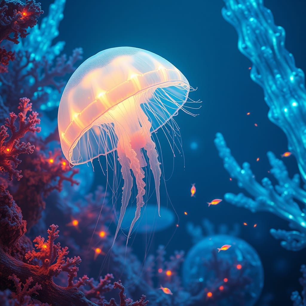Bioluminescent Jellyfish in a Surreal Underwater Landscape