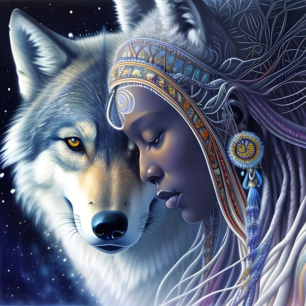 Wolf and Woman Watercolor Painting in Ethereal Style