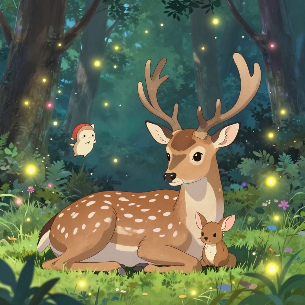 Peaceful Spotted Deer in Whimsical Forest Clearing