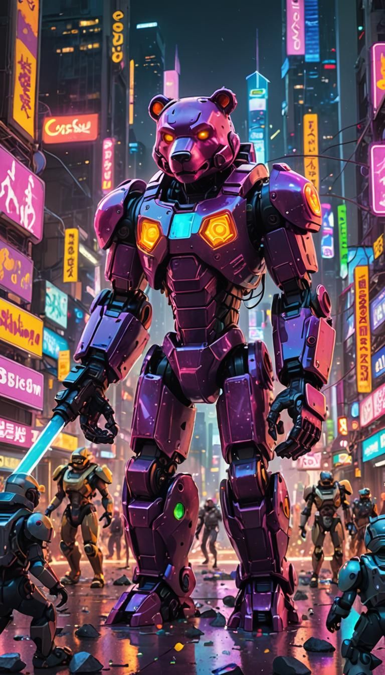 Neon Gummy Bear Robots Clash in Cyberpunk City