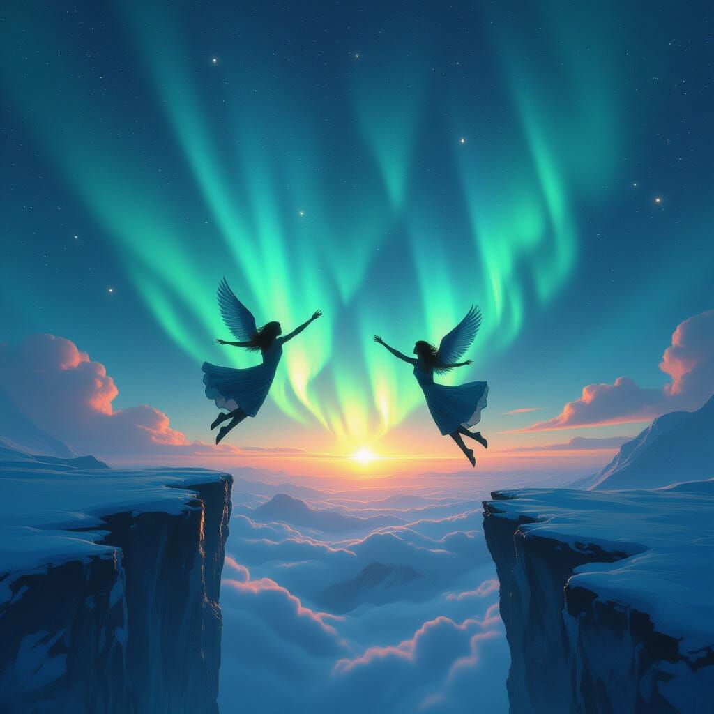 Silhouetted Figures Leap Towards Cosmic Nebula