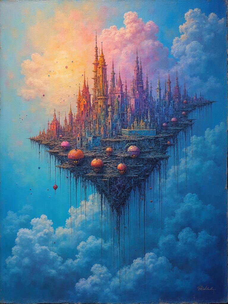 Surreal Floating City: Abstract Acrylic Painting