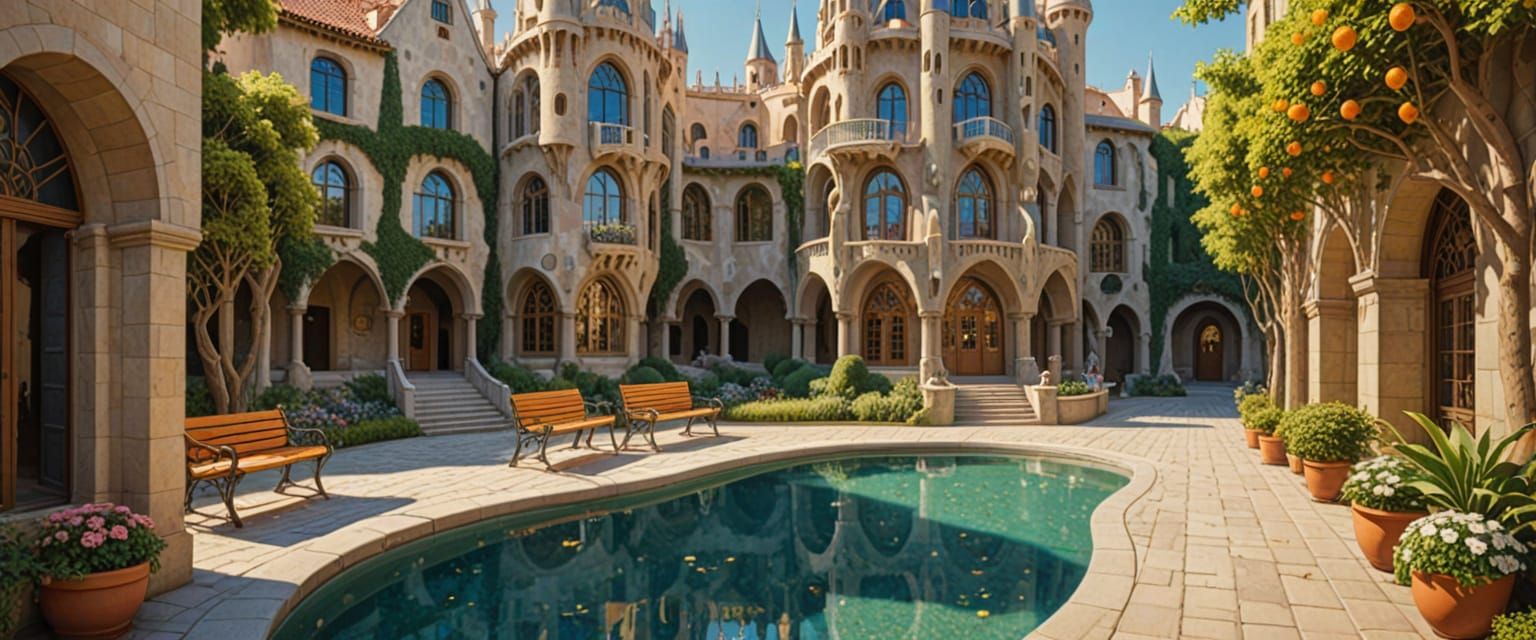 Futuristic Commune Courtyard in Watercolor Comic Style