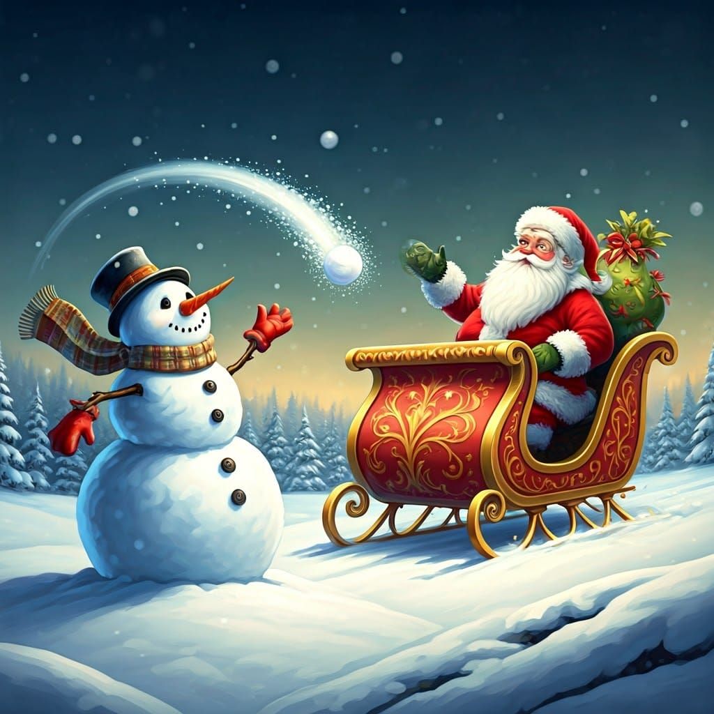 Whimsical Snowman Tosses Snowball to Jovial Santa Claus