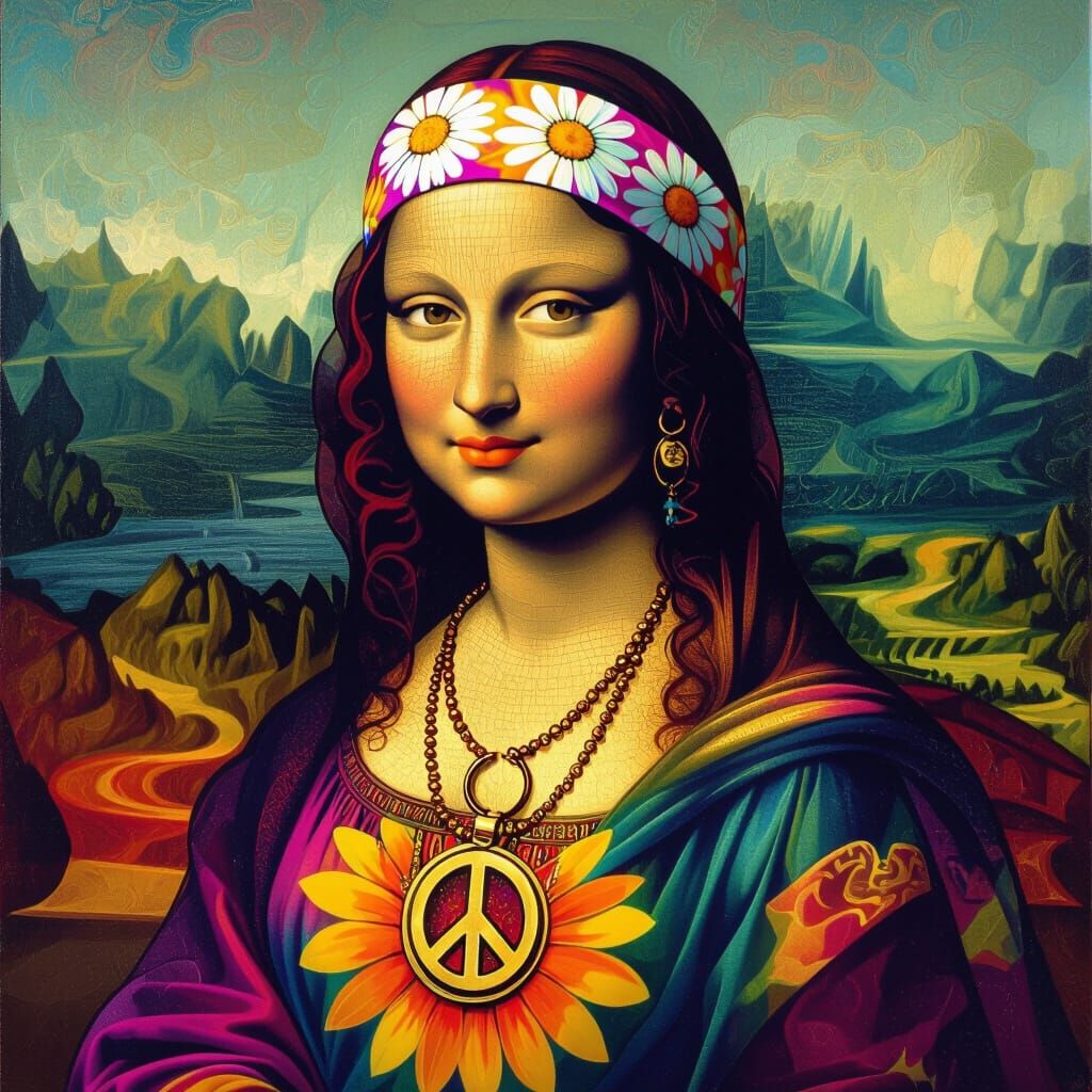 Mona Lisa Reimagined as a 1960s Hippie in Psychedelic Style