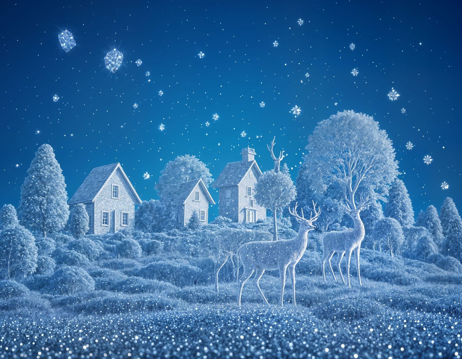 Diamond Dust Landscape with Houses, Trees, and Deer