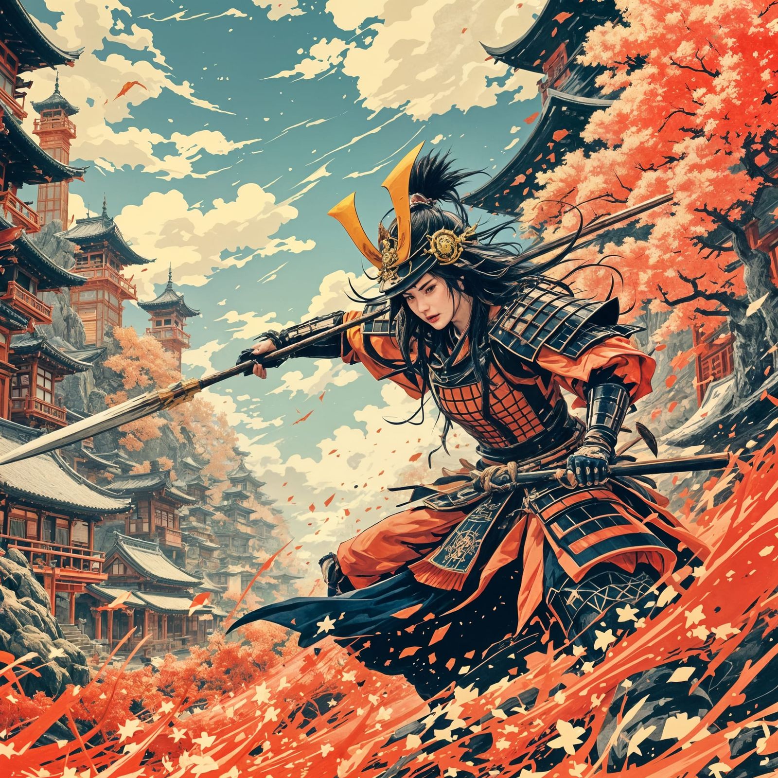 Samurai Woman in Ancient Japanese City, Hokusai Style