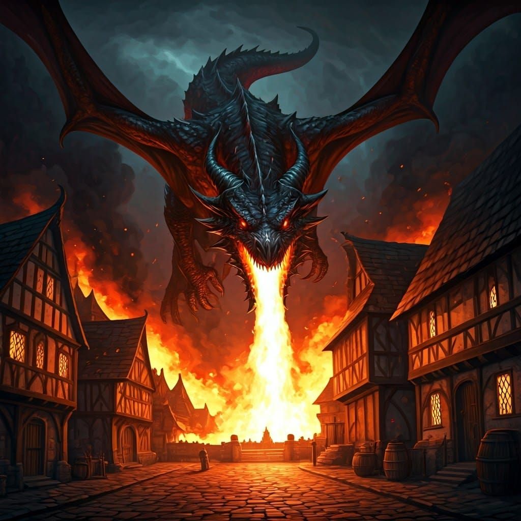 Dragon Burns Medieval Village in Dark Fantasy Style