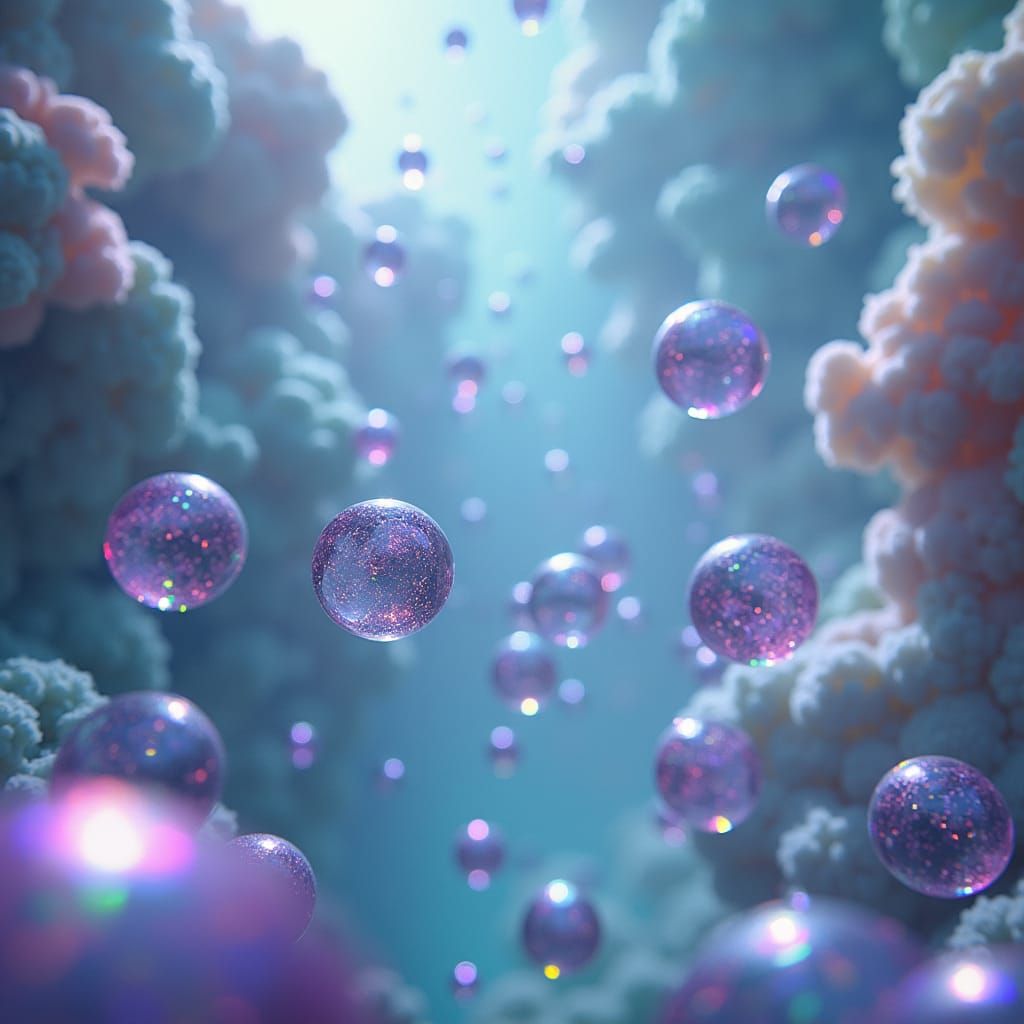 Iridescent Marbles Floating in Space with Bubbles