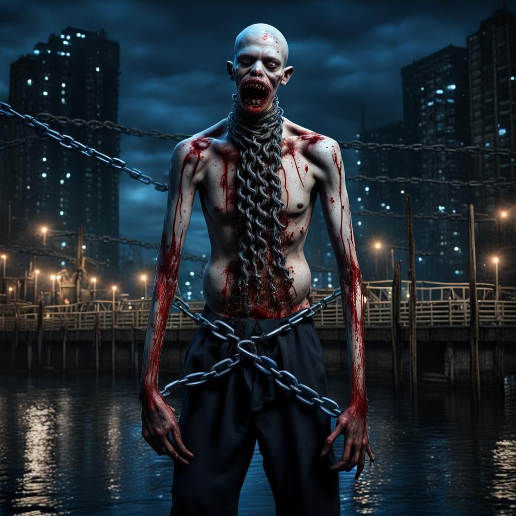 Grotesque Figure at City Docks in Dark Fantasy Style
