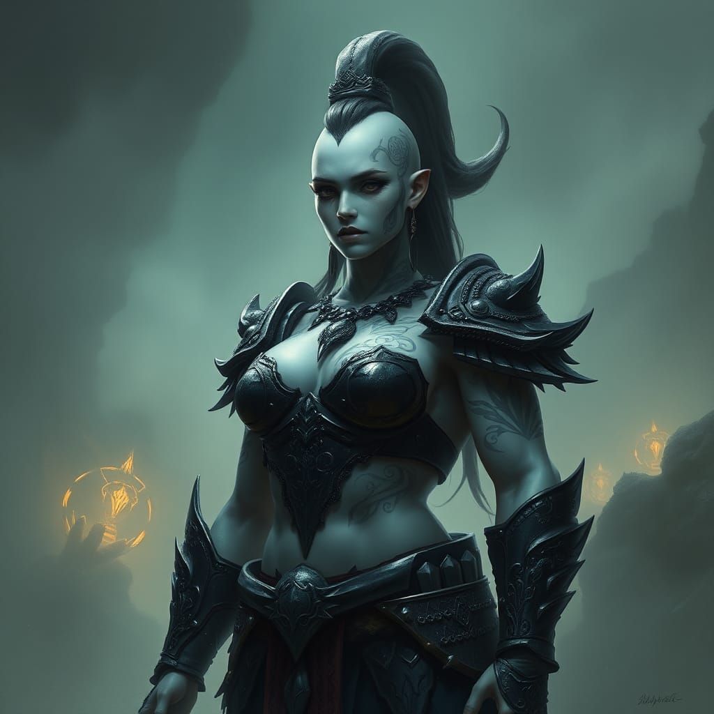 Mystical Female Goliath Warrior in Ethereal Mist