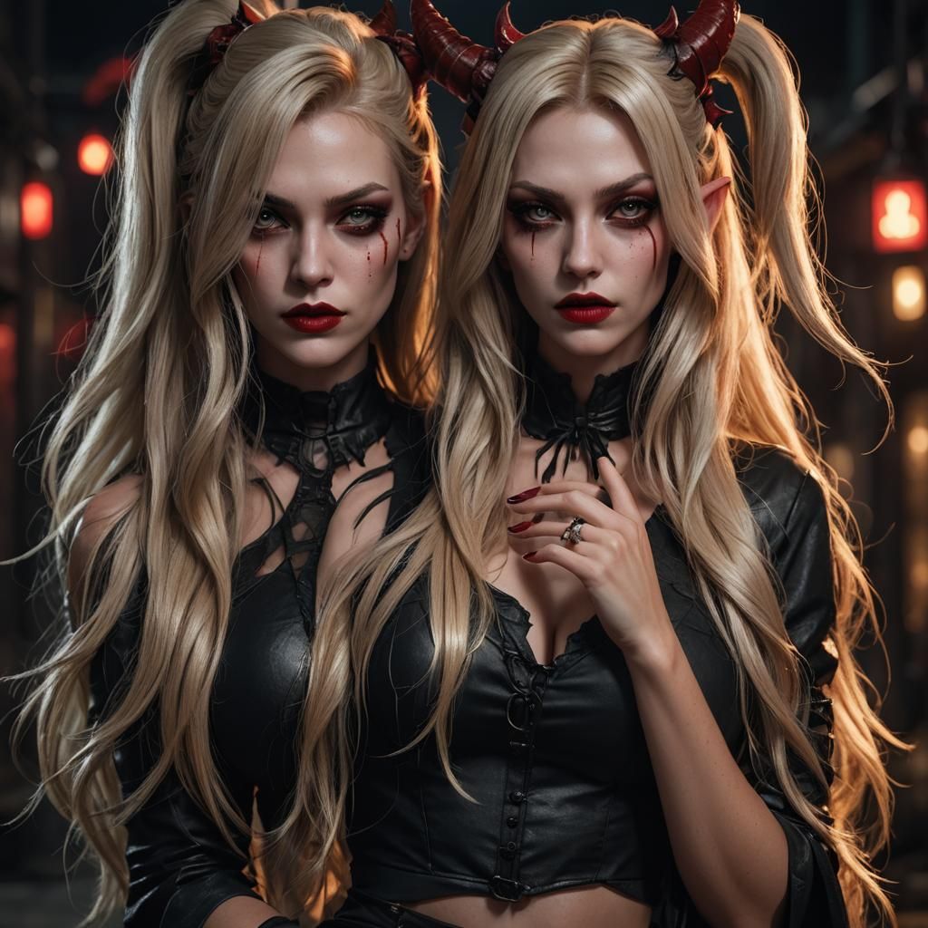 Night Portrait of Blonde Model with Demon